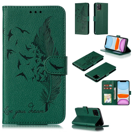 For iPhone 11 Feather Pattern Litchi Texture Horizontal Flip Leather Case with Wallet & Holder & Card Slots (Green) - iPhone 11 Cases by buy2fix | Online Shopping UK | buy2fix