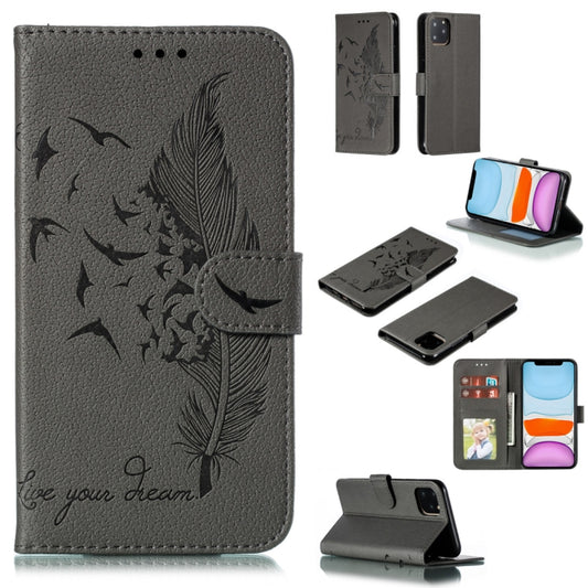 For iPhone 11 Feather Pattern Litchi Texture Horizontal Flip Leather Case with Wallet & Holder & Card Slots (Gray) - iPhone 11 Cases by buy2fix | Online Shopping UK | buy2fix