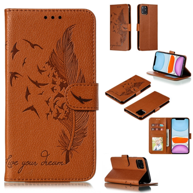 For iPhone 11 Feather Pattern Litchi Texture Horizontal Flip Leather Case with Wallet & Holder & Card Slots (Brown) - iPhone 11 Cases by buy2fix | Online Shopping UK | buy2fix
