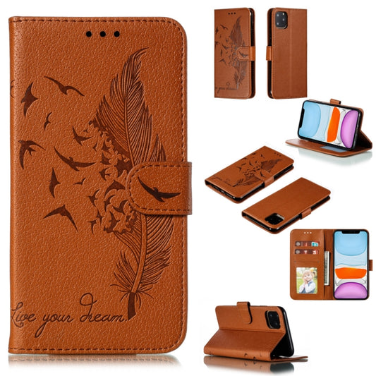 For iPhone 11 Feather Pattern Litchi Texture Horizontal Flip Leather Case with Wallet & Holder & Card Slots (Brown) - iPhone 11 Cases by buy2fix | Online Shopping UK | buy2fix