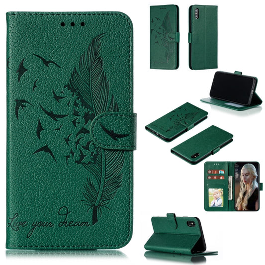 For iPhone XS Max Feather Pattern Litchi Texture Horizontal Flip Leather Case with Wallet & Holder & Card Slots(Green) - More iPhone Cases by buy2fix | Online Shopping UK | buy2fix