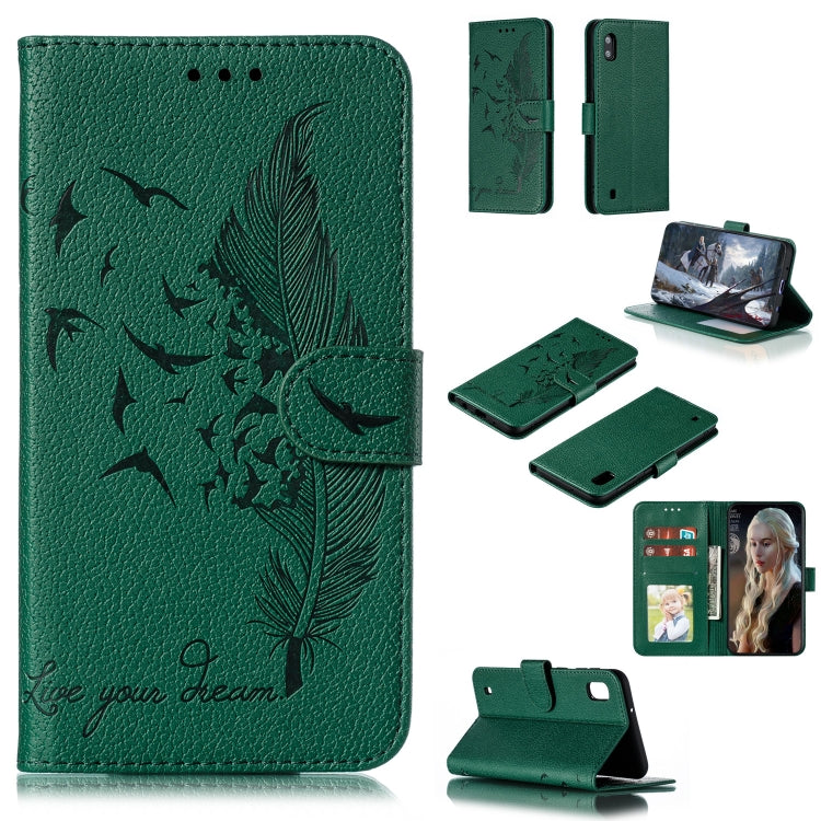 Feather Pattern Litchi Texture Horizontal Flip Leather Case with Wallet & Holder & Card Slots For Galaxy A10(Green) by buy2fix
