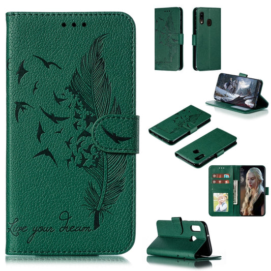 Feather Pattern Litchi Texture Horizontal Flip Leather Case with Wallet & Holder & Card Slots For Galaxy A20e(Green) by buy2fix