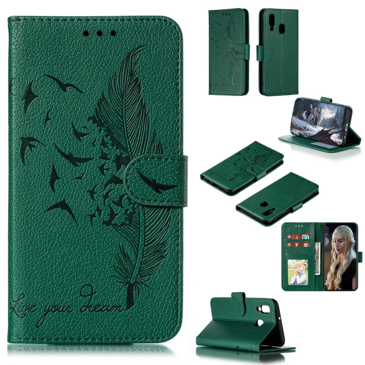 Feather Pattern Litchi Texture Horizontal Flip Leather Case with Wallet & Holder & Card Slots For Galaxy A40(Green) by buy2fix