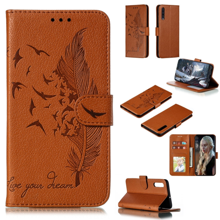 Feather Pattern Litchi Texture Horizontal Flip Leather Case with Wallet & Holder & Card Slots For Galaxy A50(Brown) by buy2fix