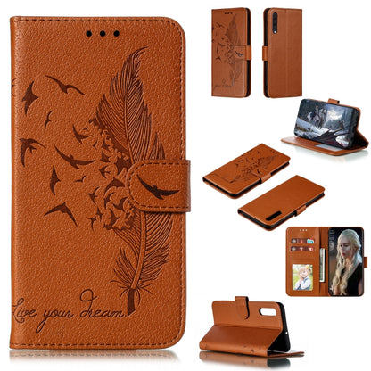 Feather Pattern Litchi Texture Horizontal Flip Leather Case with Wallet & Holder & Card Slots For Galaxy A50(Brown) by buy2fix