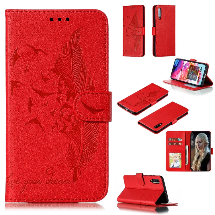Feather Pattern Litchi Texture Horizontal Flip Leather Case with Wallet & Holder & Card Slots For Galaxy A70(Red) by buy2fix