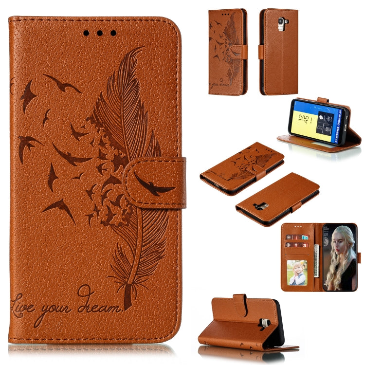 Feather Pattern Litchi Texture Horizontal Flip Leather Case with Wallet & Holder & Card Slots For Galaxy J6 (2018)(Brown) by buy2fix