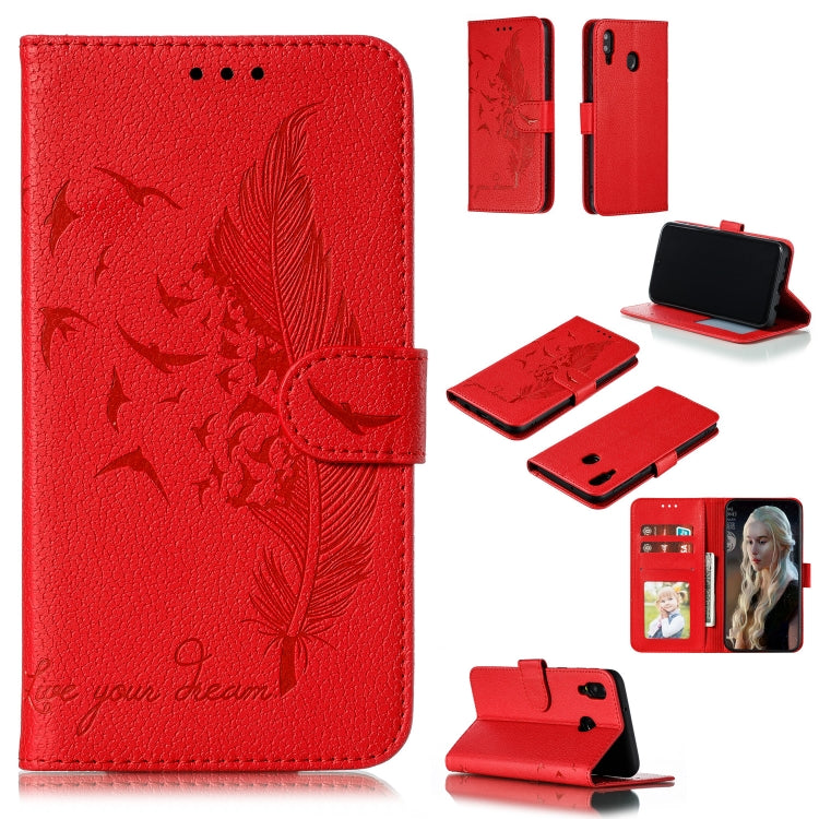 Feather Pattern Litchi Texture Horizontal Flip Leather Case with Wallet & Holder & Card Slots For Galaxy M20(Red) by buy2fix