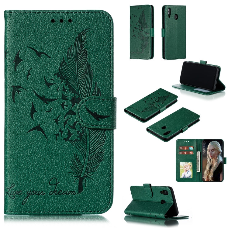 Feather Pattern Litchi Texture Horizontal Flip Leather Case with Wallet & Holder & Card Slots For Galaxy M20(Green) by buy2fix