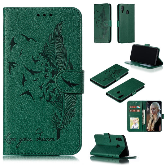 Feather Pattern Litchi Texture Horizontal Flip Leather Case with Wallet & Holder & Card Slots For Galaxy M20(Green) by buy2fix