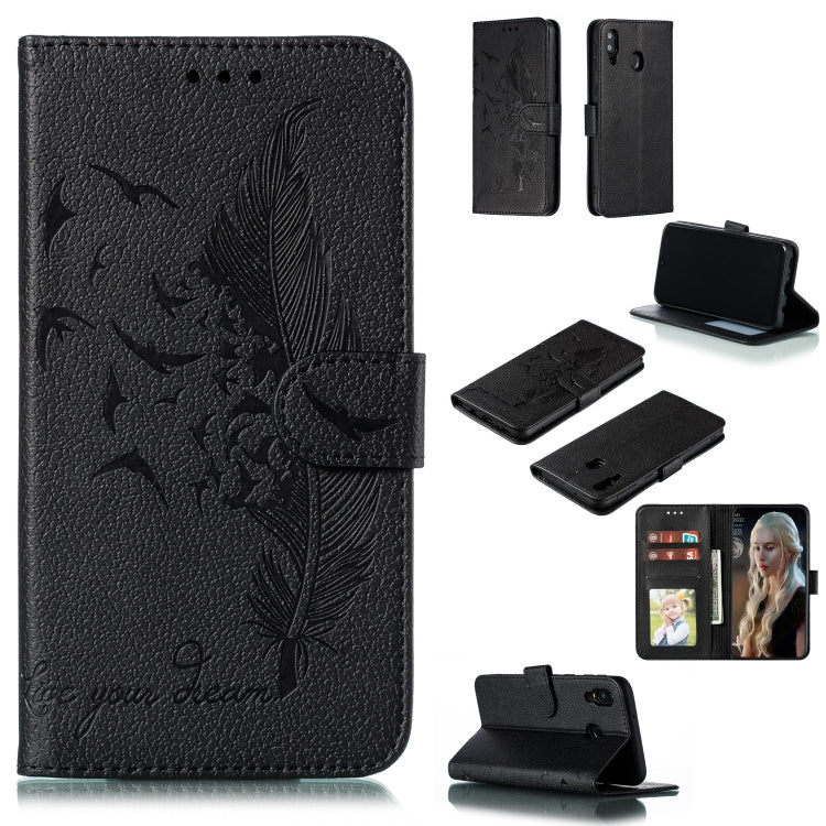 Feather Pattern Litchi Texture Horizontal Flip Leather Case with Wallet & Holder & Card Slots For Galaxy M20(Black) by buy2fix