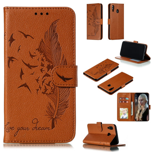 Feather Pattern Litchi Texture Horizontal Flip Leather Case with Wallet & Holder & Card Slots For Galaxy M20(Brown) by buy2fix