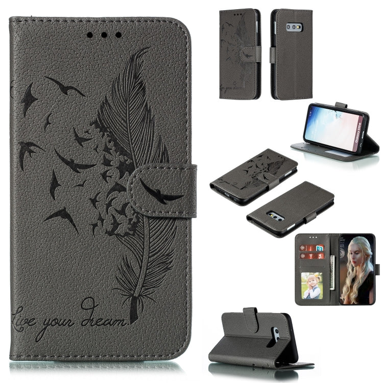 Feather Pattern Litchi Texture Horizontal Flip Leather Case with Wallet & Holder & Card Slots For Galaxy S10e(Gray) by buy2fix