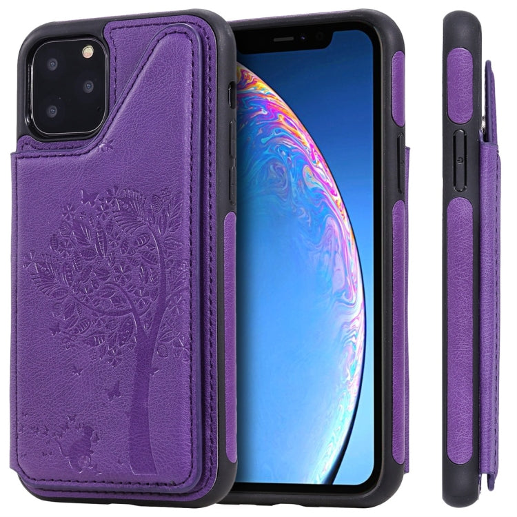 For iPhone 11 Pro Cat Tree Embossing Pattern Shockproof Protective Case with Card Slots & Photo Frame(Purple) - iPhone 11 Pro Cases by buy2fix | Online Shopping UK | buy2fix