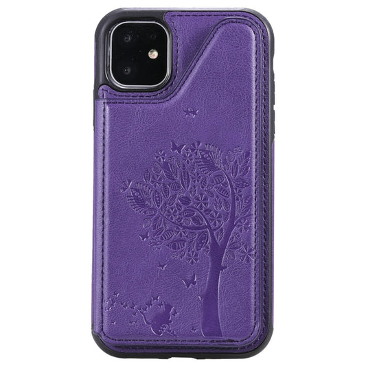 For iPhone 11 Cat Tree Embossing Pattern Shockproof Protective Case with Card Slots & Photo Frame(Purple) - iPhone 11 Cases by buy2fix | Online Shopping UK | buy2fix