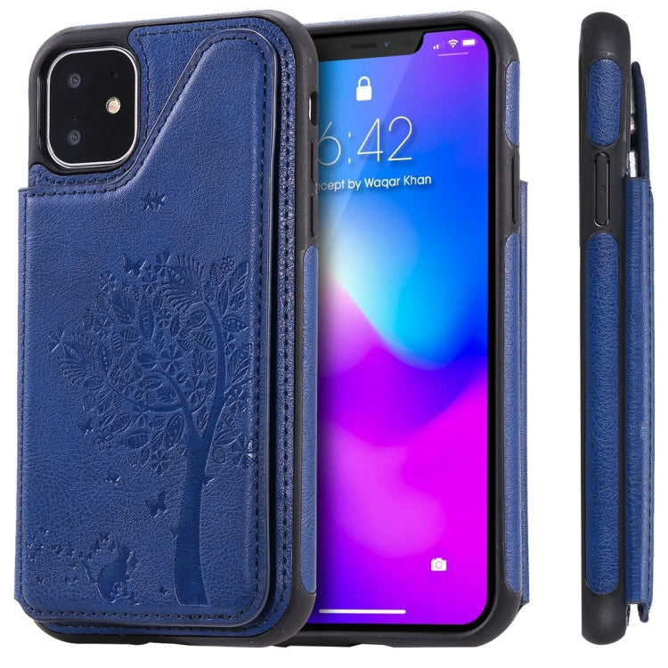 For iPhone 11 Cat Tree Embossing Pattern Shockproof Protective Case with Card Slots & Photo Frame(Blue) - iPhone 11 Cases by buy2fix | Online Shopping UK | buy2fix