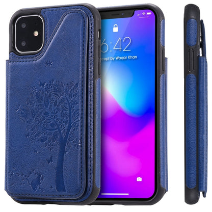 For iPhone 11 Cat Tree Embossing Pattern Shockproof Protective Case with Card Slots & Photo Frame(Blue) - iPhone 11 Cases by buy2fix | Online Shopping UK | buy2fix