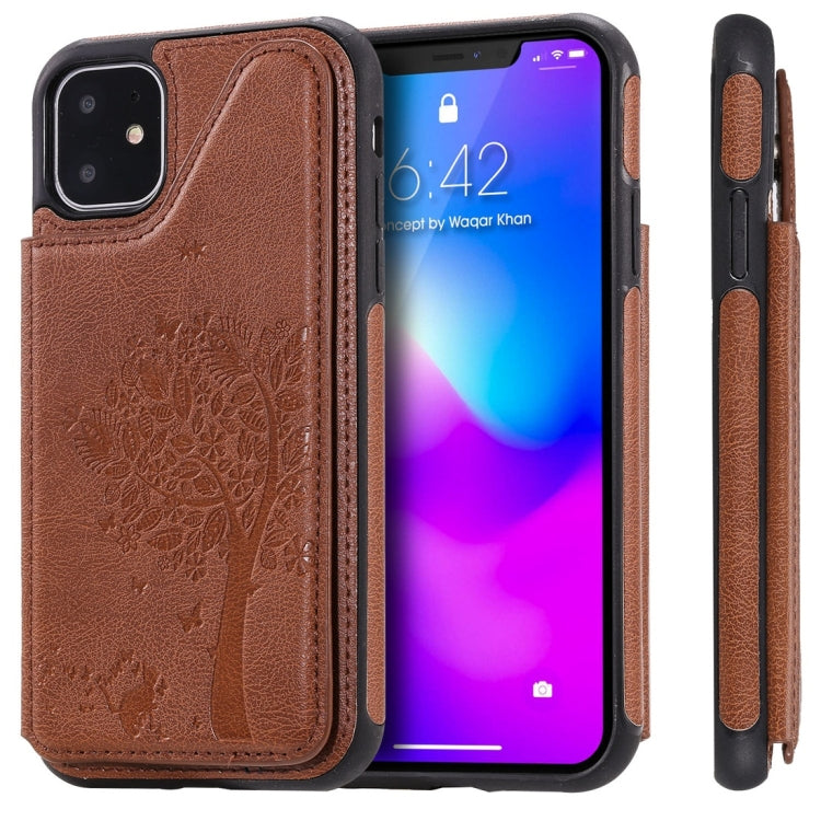 For iPhone 11 Cat Tree Embossing Pattern Shockproof Protective Case with Card Slots & Photo Frame(Brown) - iPhone 11 Cases by buy2fix | Online Shopping UK | buy2fix