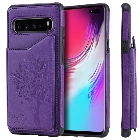 For Galaxy S10 5G Cat Tree Embossing Pattern Shockproof Protective Case with Card Slots & Photo Frame(Purple) by buy2fix