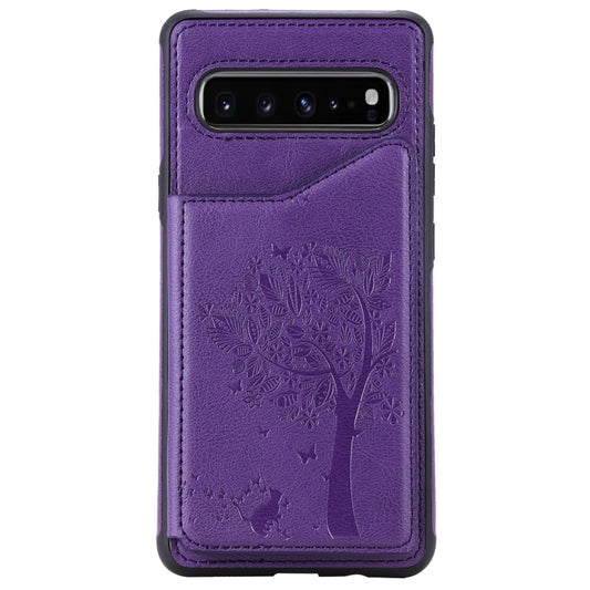 For Galaxy S10 5G Cat Tree Embossing Pattern Shockproof Protective Case with Card Slots & Photo Frame(Purple) by buy2fix