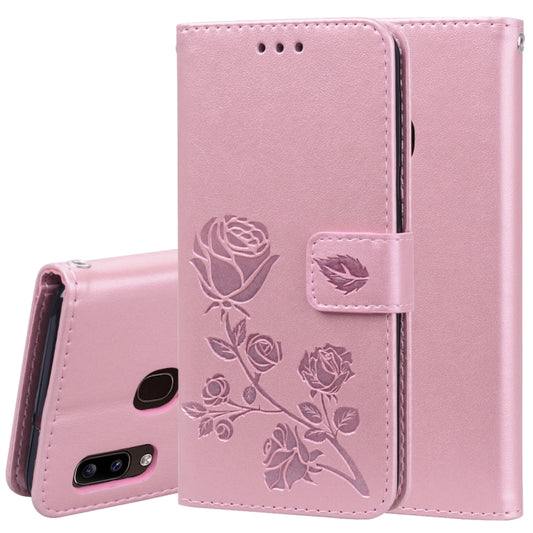 For Galaxy A20e Pressed Printing Rose Pattern Horizontal Flip PU Leather Case with Holder & Card Slots & Wallet(Rose Gold) by buy2fix