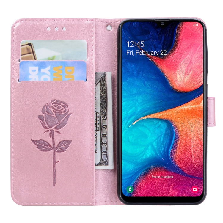 For Galaxy A20e Pressed Printing Rose Pattern Horizontal Flip PU Leather Case with Holder & Card Slots & Wallet(Rose Gold) by buy2fix