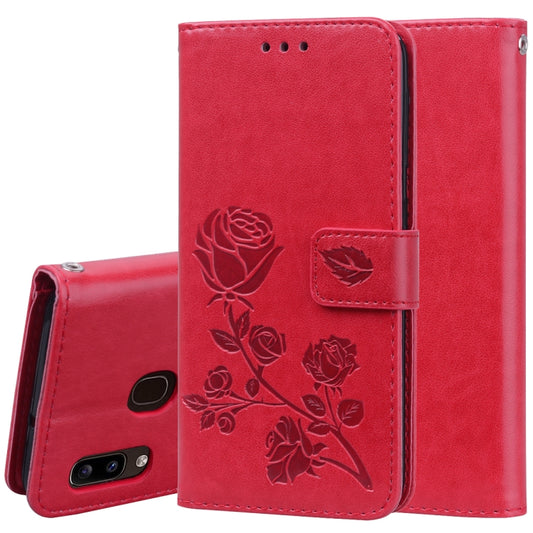 For Galaxy A20e Pressed Printing Rose Pattern Horizontal Flip PU Leather Case with Holder & Card Slots & Wallet(Red) by buy2fix