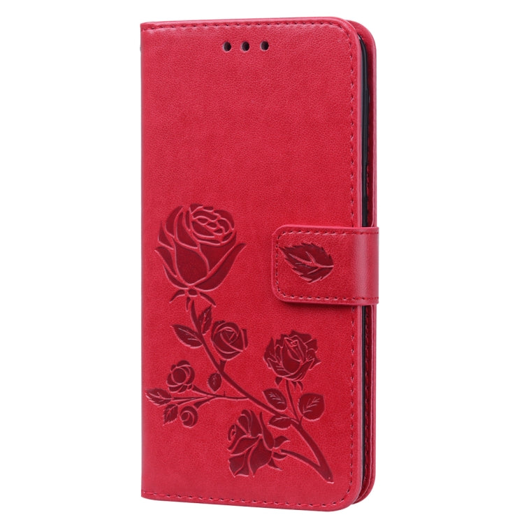 For Galaxy A20e Pressed Printing Rose Pattern Horizontal Flip PU Leather Case with Holder & Card Slots & Wallet(Red) by buy2fix