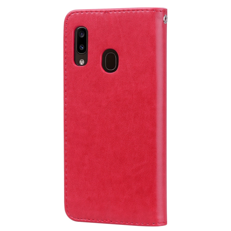 For Galaxy A20e Pressed Printing Rose Pattern Horizontal Flip PU Leather Case with Holder & Card Slots & Wallet(Red) by buy2fix
