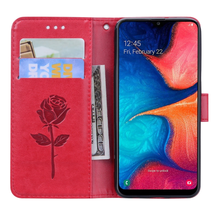 For Galaxy A20e Pressed Printing Rose Pattern Horizontal Flip PU Leather Case with Holder & Card Slots & Wallet(Red) by buy2fix
