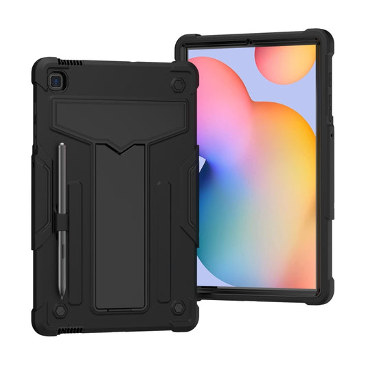 For Samsung Galaxy Tab S6 Lite P610/615 T-shaped Bracket Contrast Color Shockproof PC + Silicone Protective Case(Black+Black) - Tab S6 Lite P610 / P615 by buy2fix | Online Shopping UK | buy2fix