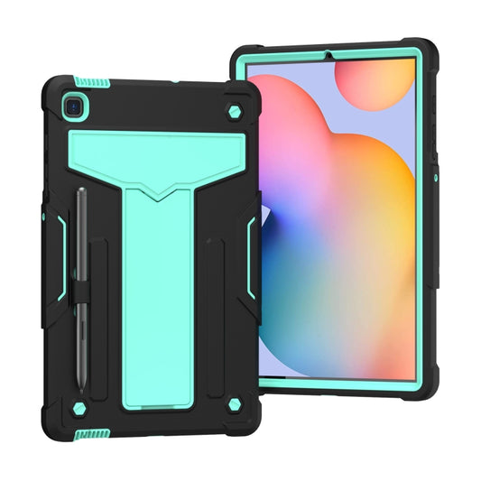 For Samsung Galaxy Tab S6 Lite P610/615 T-shaped Bracket Contrast Color Shockproof PC + Silicone Protective Case(Black+Mint Geen) - Tab S6 Lite P610 / P615 by buy2fix | Online Shopping UK | buy2fix