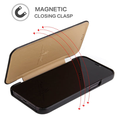 For iPhone 12 / 12 Pro Fierre Shann Business Magnetic Horizontal Flip Genuine Leather Case(Black) - iPhone 12 / 12 Pro Cases by FIERRE SHANN | Online Shopping UK | buy2fix