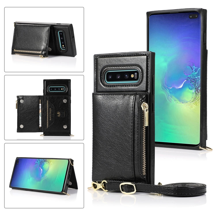 For Samsung Galaxy S10 Plus Square Zipper Wallet Bag TPU+PU Back Cover Case with Holder & Card Slots & Wallet & Cross-body Strap(Black) by buy2fix