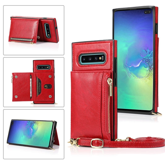 For Samsung Galaxy S10 Plus Square Zipper Wallet Bag TPU+PU Back Cover Case with Holder & Card Slots & Wallet & Cross-body Strap(Red) by buy2fix
