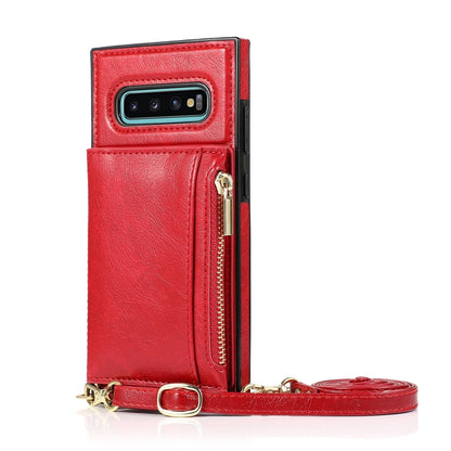 For Samsung Galaxy S10 Plus Square Zipper Wallet Bag TPU+PU Back Cover Case with Holder & Card Slots & Wallet & Cross-body Strap(Red) by buy2fix