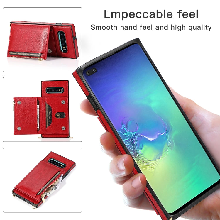For Samsung Galaxy S10 Plus Square Zipper Wallet Bag TPU+PU Back Cover Case with Holder & Card Slots & Wallet & Cross-body Strap(Red) by buy2fix