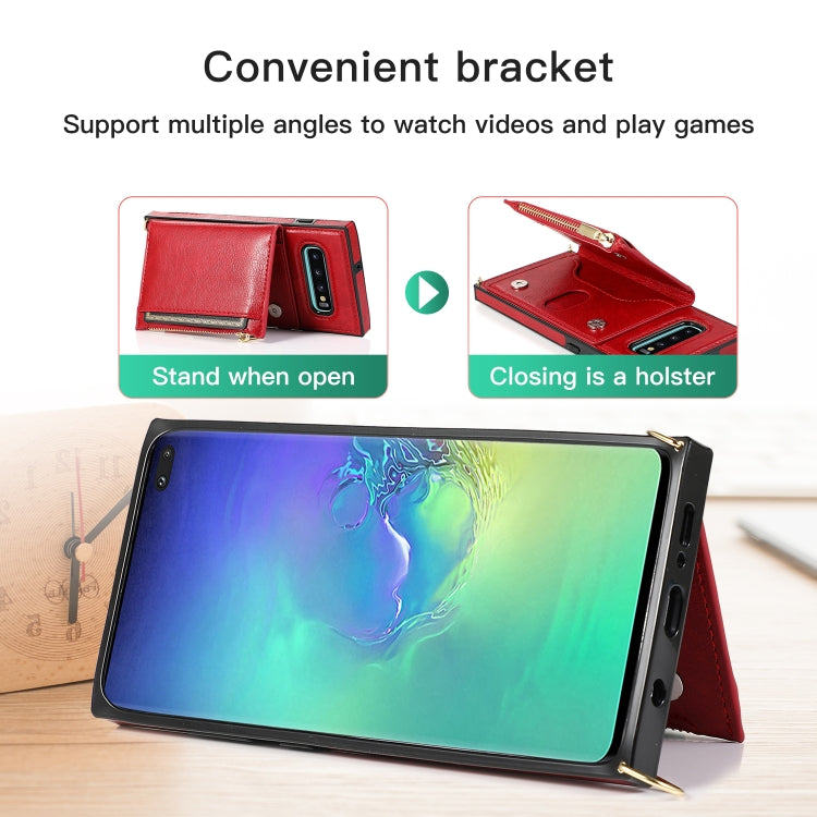 For Samsung Galaxy S10 Plus Square Zipper Wallet Bag TPU+PU Back Cover Case with Holder & Card Slots & Wallet & Cross-body Strap(Red) by buy2fix