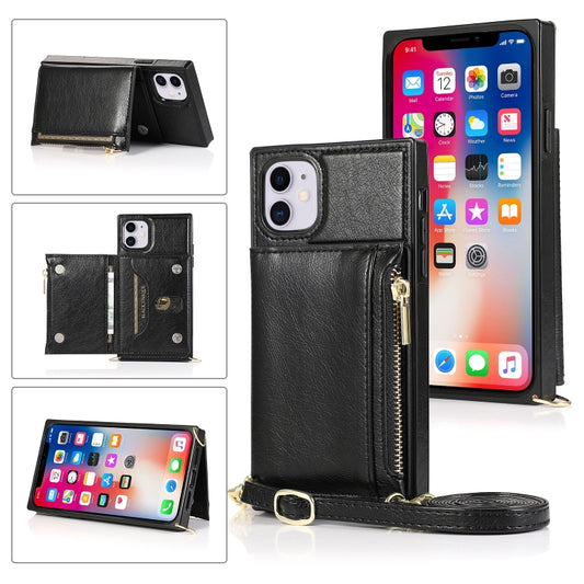 For iPhone 11 Square Zipper Wallet Bag TPU+PU Back Cover Case with Holder & Card Slots & Wallet & Cross-body Strap (Black) - iPhone 11 Cases by buy2fix | Online Shopping UK | buy2fix