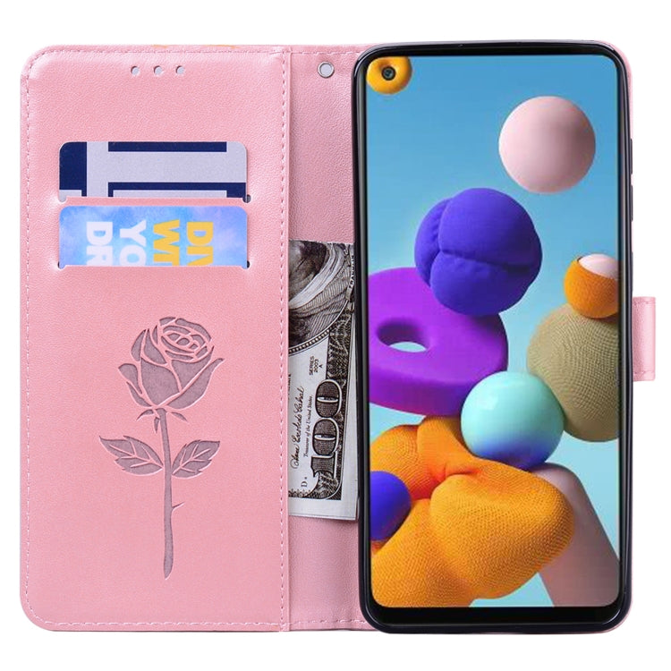 For Samsung Galaxy A21s Rose Embossed Horizontal Flip PU Leather Case with Holder & Card Slots & Wallet(Rose Gold) - Galaxy Phone Cases by buy2fix | Online Shopping UK | buy2fix