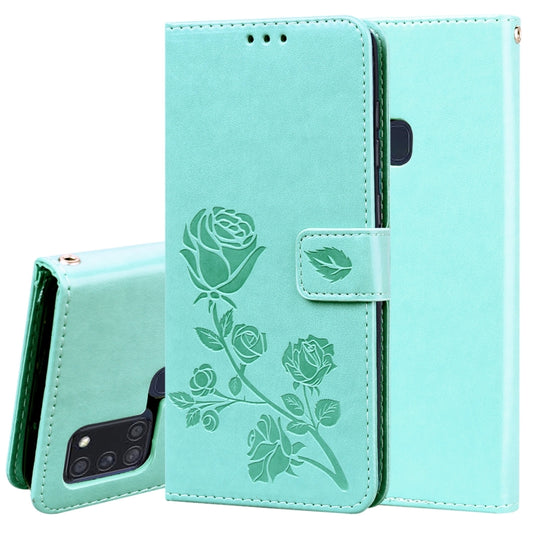 For Samsung Galaxy A21s Rose Embossed Horizontal Flip PU Leather Case with Holder & Card Slots & Wallet(Green) - Galaxy Phone Cases by buy2fix | Online Shopping UK | buy2fix