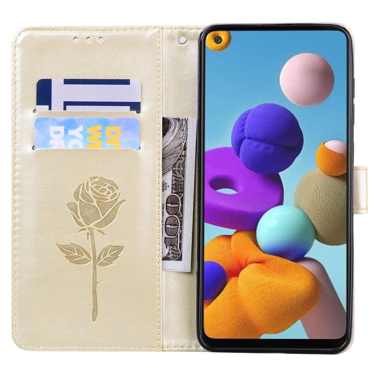 For Samsung Galaxy A21s Rose Embossed Horizontal Flip PU Leather Case with Holder & Card Slots & Wallet(Gold) - Galaxy Phone Cases by buy2fix | Online Shopping UK | buy2fix