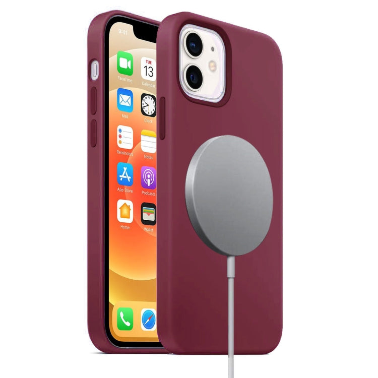 For iPhone 12 mini Magnetic Liquid Silicone Full Coverage Shockproof Magsafe Case with Magsafe Charging Magnet (Wine Red) by buy2fix