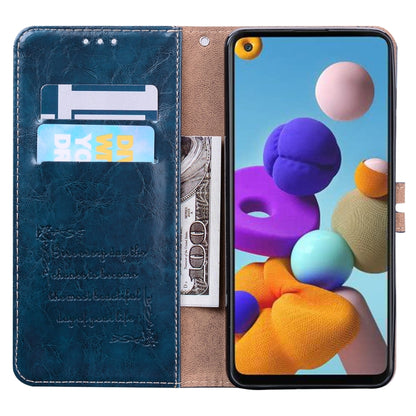 For Samsung Galaxy A21s Business Style Oil Wax Texture Horizontal Flip Leather Case, with Holder & Card Slots & Wallet(Blue) by buy2fix