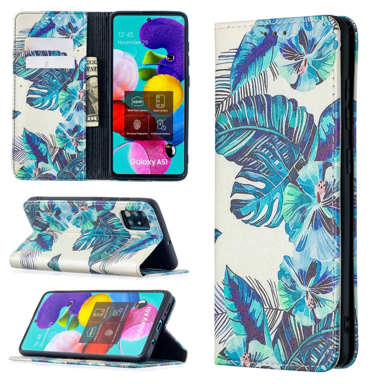 For Samsung Galaxy A51 Colored Drawing Pattern Invisible Magnetic Horizontal Flip PU Leather Case with Holder & Card Slots & Wallet(Blue Leaf) by buy2fix