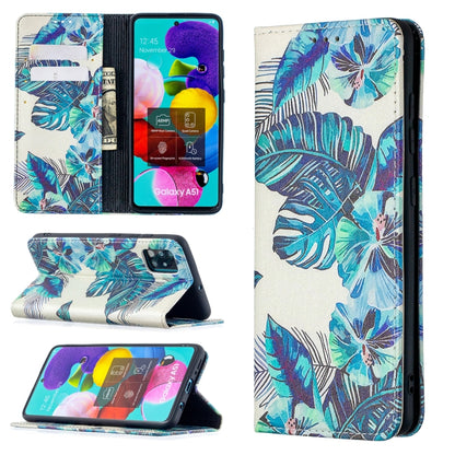 For Samsung Galaxy A51 Colored Drawing Pattern Invisible Magnetic Horizontal Flip PU Leather Case with Holder & Card Slots & Wallet(Blue Leaf) by buy2fix