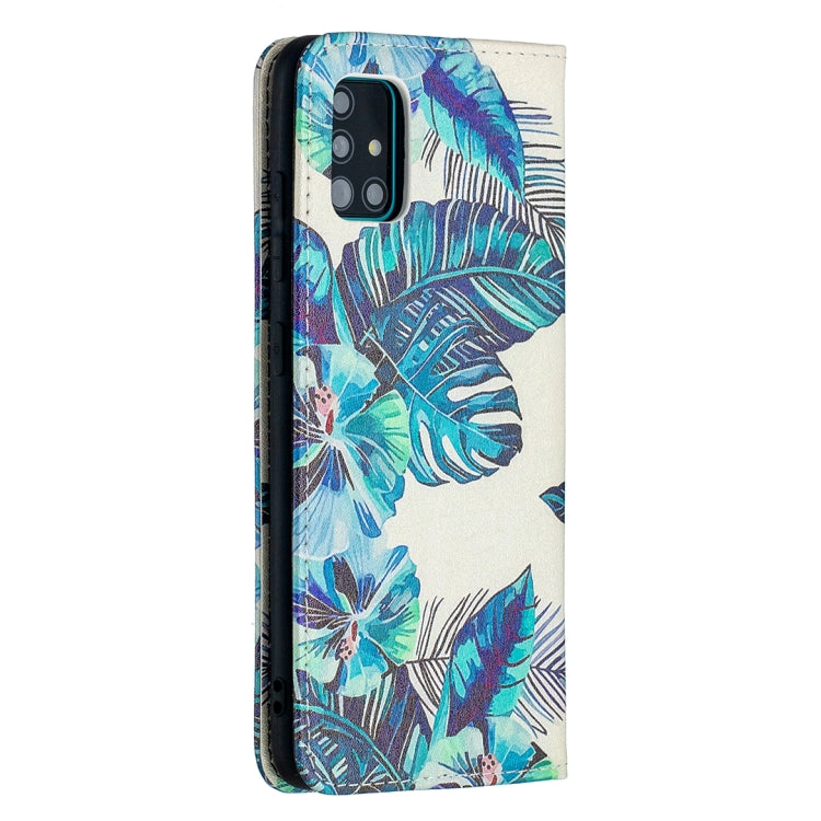 For Samsung Galaxy A51 Colored Drawing Pattern Invisible Magnetic Horizontal Flip PU Leather Case with Holder & Card Slots & Wallet(Blue Leaf) by buy2fix
