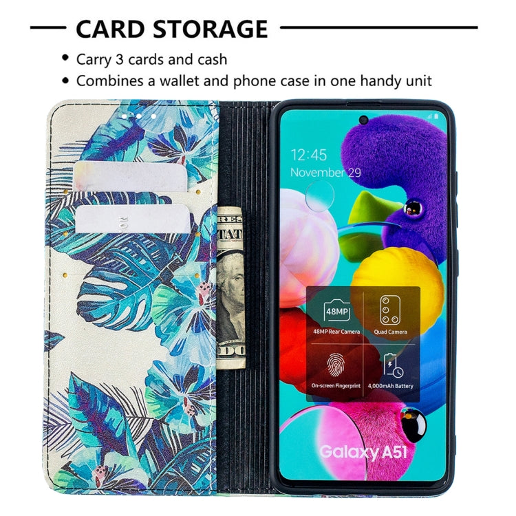 For Samsung Galaxy A51 Colored Drawing Pattern Invisible Magnetic Horizontal Flip PU Leather Case with Holder & Card Slots & Wallet(Blue Leaf) by buy2fix