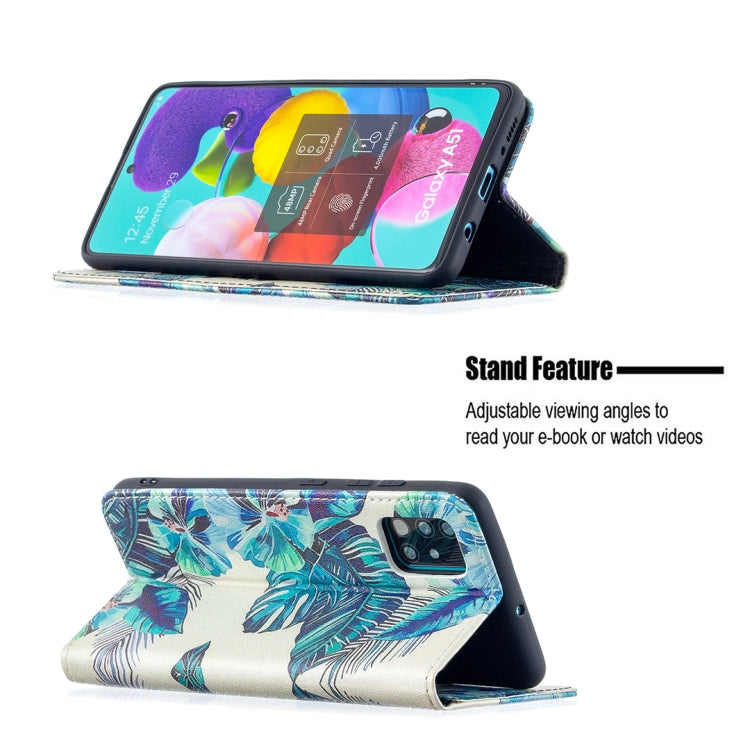 For Samsung Galaxy A51 Colored Drawing Pattern Invisible Magnetic Horizontal Flip PU Leather Case with Holder & Card Slots & Wallet(Blue Leaf) by buy2fix